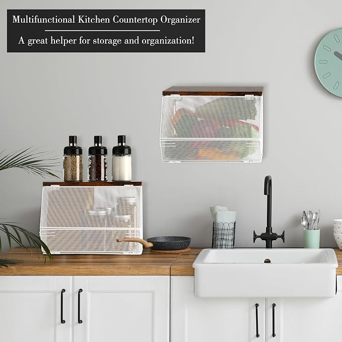 Teenyyou 2 Pcs Stackable Mesh Fruit Basket with Lid Wall Produce Vegetable Storage Basket Onion Potato Hanging Metal Wire Container for Kitchen Counter Pantry(Non-removable,White,8.3" w & 13.8" l)