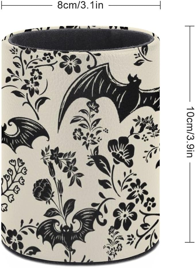 Gothic Bat Flowers Pen Holder Pencil Cup for Desk Organizer | Cute Makeup Brush Holder PU Multifunctional Office Suppliesfor Decor Home Classroom School