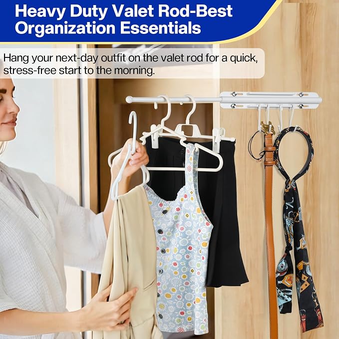 SUTINE 12 inch Valet Rod for Closet Pull Out, Heavy Duty Closet Valet Rods Slide Out, Adjustable Pull Out Closet Rods for Hanging Clothes with 4 Hooks Closet Organizers and Storage (White)