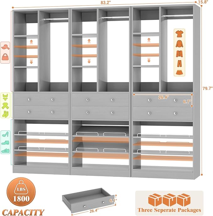 Besiost Closet System, 84"/7 FT Closet Organizer System with Drawers and Shelves, Walk-in Closets Systems, Free Standing Reach in Closet Tower, Load 1800+LBS, Morandi Grey 3 Pack