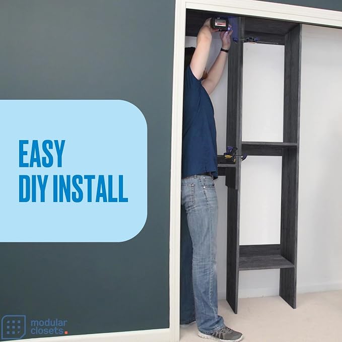 Double Hanging Closet Unit - Modular Corner Closet System - Grey, 36 inches Wide - Includes Shelves