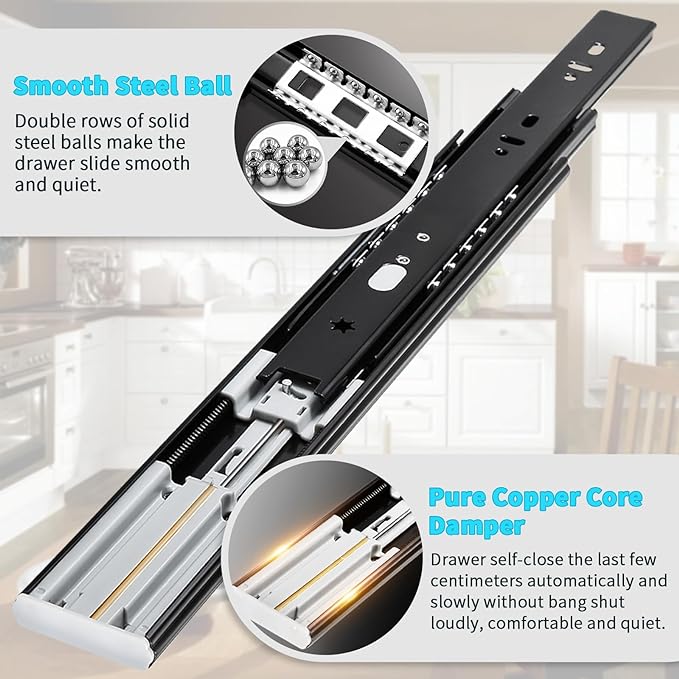 YENUO 10 Pairs Soft Close Drawer Slides Full Extension 12–24 Inch 100 LB | Side Mount Heavy Duty Quiet Self Closing Cabinet Drawer Glides Rails Ball Bearing 12–24 Inch for Kitchen Dresser Hardware
