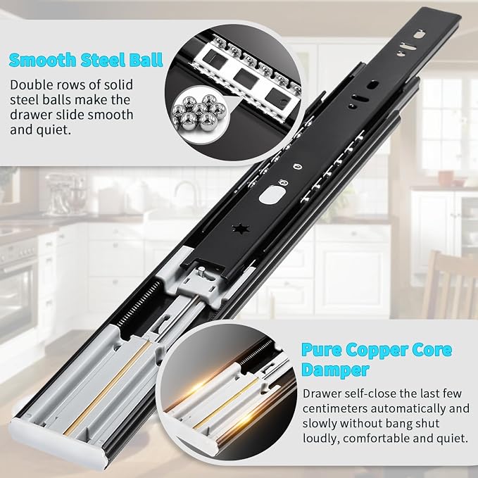 YENUO 5 Pairs Soft Close Drawer Slides Full Extension 12–24 Inch 100 LB | Side Mount Heavy Duty Quiet Self Closing Cabinet Drawer Glides Rails Ball Bearing 12–24 Inch for Kitchen Dresser Hardware