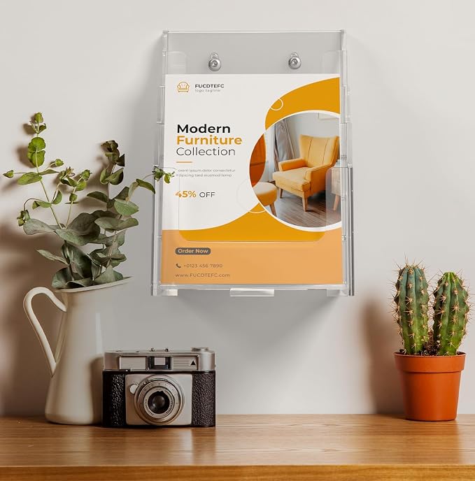 FUCDTEFC 2 Pack Acrylic Brochure Holder 8.5x11 & 4 x9 Inches, Clear 4 Tier Magazine Holder Brochure Display Stand w Removable Divider, Literature Pamphlet Flyer Holder for Wall Mount or Countertop