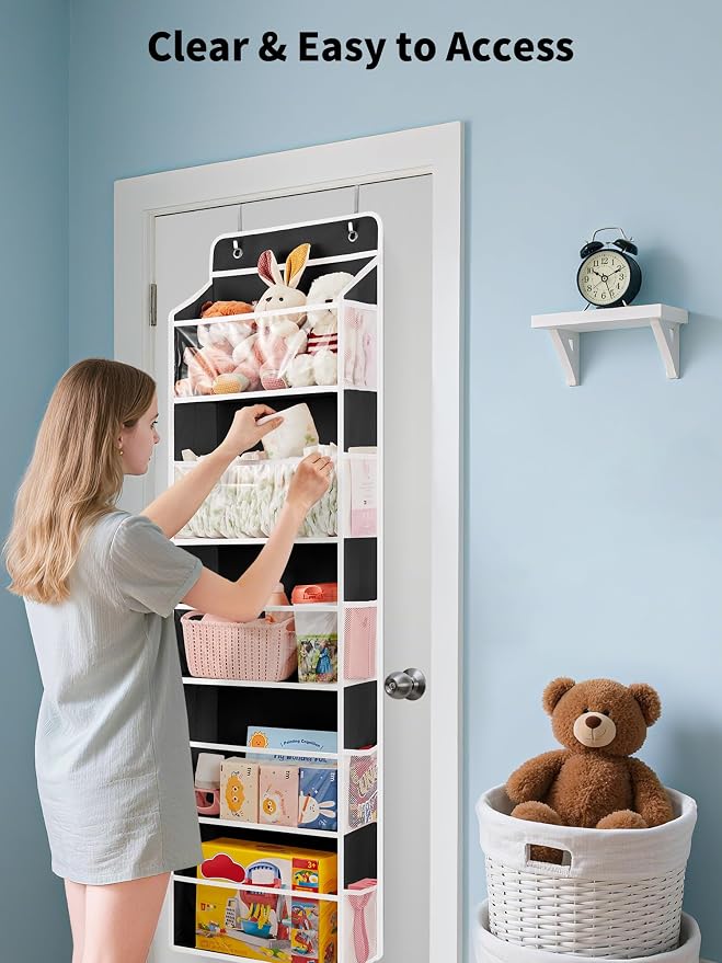JARLINK Over The Door Toy Storage Organizer w/Clear Window, Black, 2 Pack | Anti-Tilt 44 lb Load Capacity, Baby Toy Storage Organizer for Stuffed Animals, Nursery, Kid Bedroom, Newborn Baby Essentials