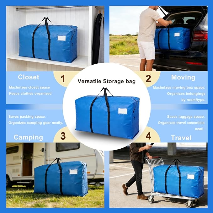 6 Pack Heavy Duty Moving Bags with Backpack Straps & Handles, Large Storage Bags with Zipper for Clothes, College Moving Supplies and Dorm Essentials (33 Gal, Blue)