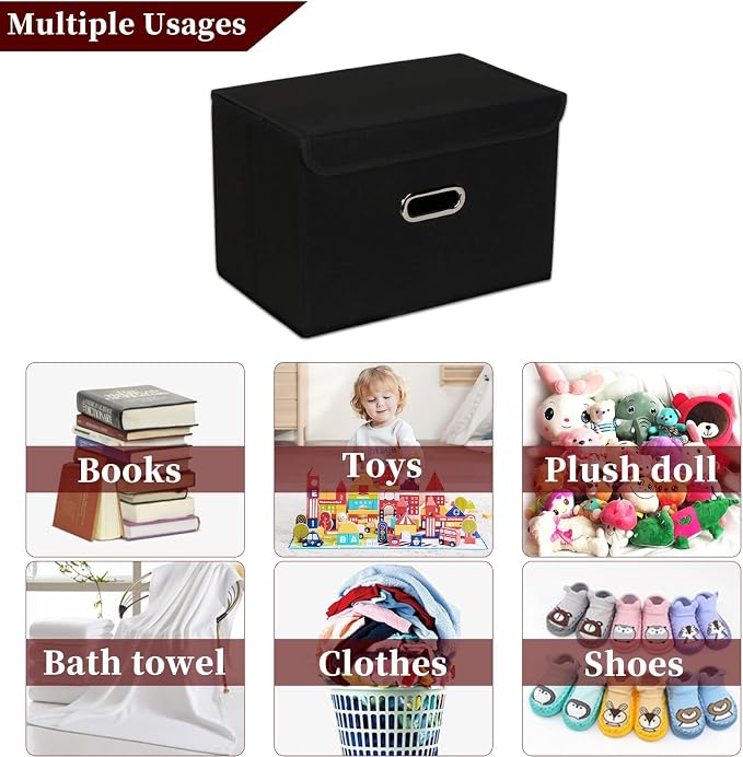 STOREONE Fabric Storage Cube Bins Foldable Organizer Container Collapsible Basket with Lids and Metal Handles, for Home, Bedroom, Closet 8 Pcs (Black)