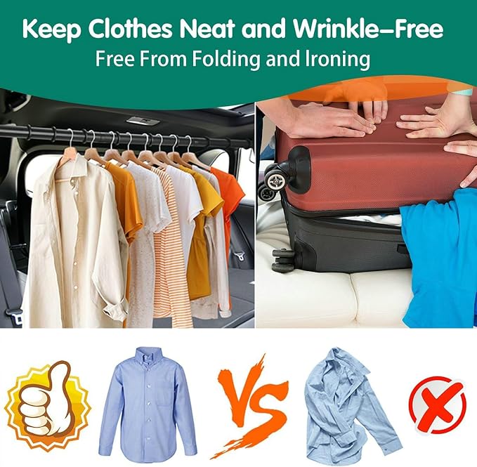 Car Clothes Hanger Bar 30-62 Inch Wrinkle-Free Garment Rack for Vehicles | Heavy-Duty Adjustable Car Clothes Rod with Anti-Slip for SUV, Truck & Sedan, Keeps Clothes Neat for Travel and Business Trips