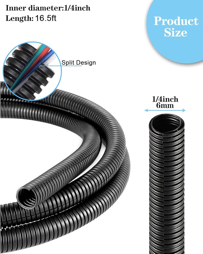 1/4 Inch Wire Loom Split Tubing - 16.5 ft Cord Protector Electric Wires Covers, Automotive Wire Flexible Conduit, Plastic Wire Cover