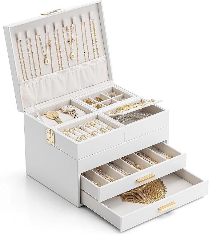 VLANDO 4 Layers Jewelry Box - Women Jewelry Box with Retractable Tray - Jewelry Organizer with Drawer for Necklaces, Rings, Bracelets, Earrings, Gift for Couples Mom Girls - White