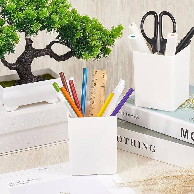 CRASPIRE White Pen Holders Plastic Pencil Cups Square Waterproof Cuboid Cosmetic Makeup Brush Small Stationery Container Holder Box Case for Office School Home Desk Makeup Brush Pen Pencil Storage