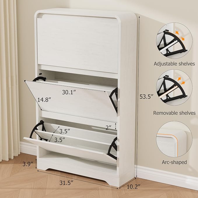 Garvee Hidden Shoe Cabinet, White | 3 Flip Drawers, Freestanding, For Entryway, Hallway, Foyer, Modern Design, Small Space