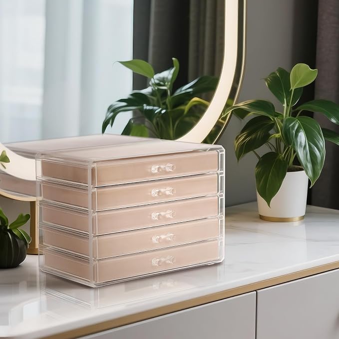 Jewelry Box Organizer,Clear Acrylic Storage Box Organizer with 5 Drawers | Adjustable Velvet Divided Trays Grid Size Design Large Jewelry Storage Box Clear Jewelry Organizer Gift for Women Girls