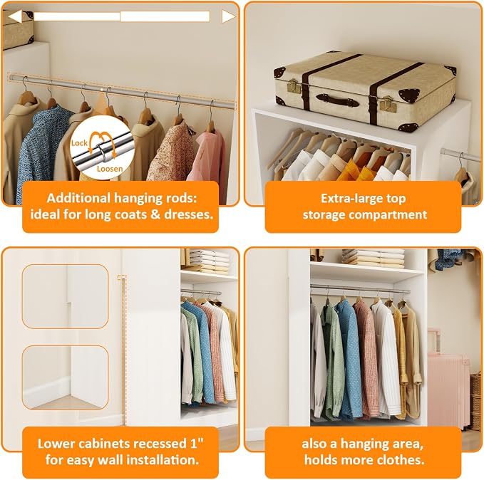 Closet System with 3 Hanging Rods& Shelf , 2FT Small Closet Organizer System Wood with Extra Side Hanging Rod for Walk in Closet Storage, Modular Closet Systems, White(2FT)
