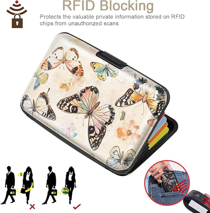 Coco Rossi Credit Card Holder RFID Aluminum Small Mini Wallet Women | Metal Wallet, Business Cards Holder, ID Case, Slim Sleeves, Womens Girls Gift, Carry Wallets for Travel, Flower Butterfly