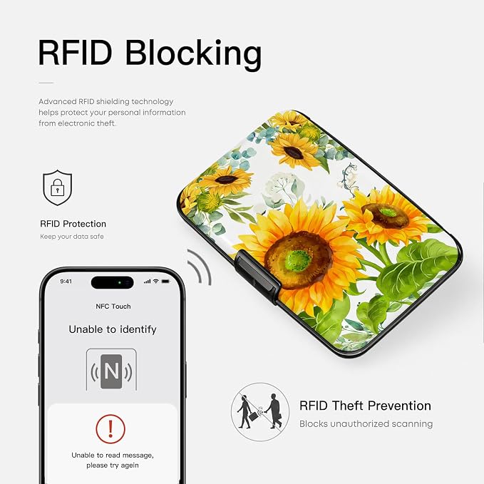 Credit Card Holder Sunflowers Mini Aluminum Wallet for Women Men | Slim Design, RFID Blocking, Metal Business ID Case