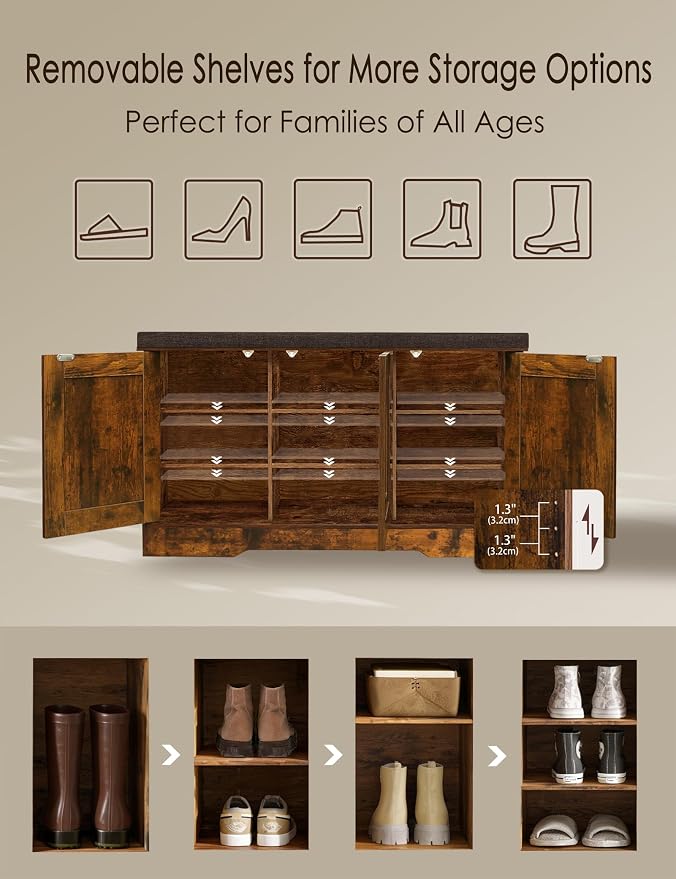 DINZI LVJ Shoe Bench, Entryway Storage Bench with Doors, Cushion, 3-Tier Shoe Rack with 9-Cubby, 39.4" L x 13.8" W Shoe Organizer Cabinet, Fully Adjustable Shelves, Living Room, Bedroom, Rustic Brown
