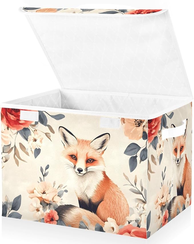 Flower-like Fox Lidded Storage Bins with Handles - 16.5"x12.6"x11.8" Foldable Organizing Box, Oxford Fabric & Honeycomb Board, Dust-Proof Flip Lid for Closet/Office