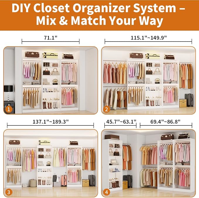 Closet System of 3 Sets, 6FT-15FT Closet Organizer System with 7 Adjustable Hanging Rods& 6 Shelves, Custom Modular Closet Kit, Freestanding Closet Storage System, L-Shaped Walk-in Closet, White