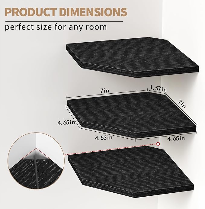 Fun Memories Corner Shelf Wall Mount, Floating Corner Shelves, Set of 6 Corner Wall Shelf Organizer, Rustic Wood Wall Storage Display Shelves for Living Room Bedroom Bathroom Kitchen, Classic Black
