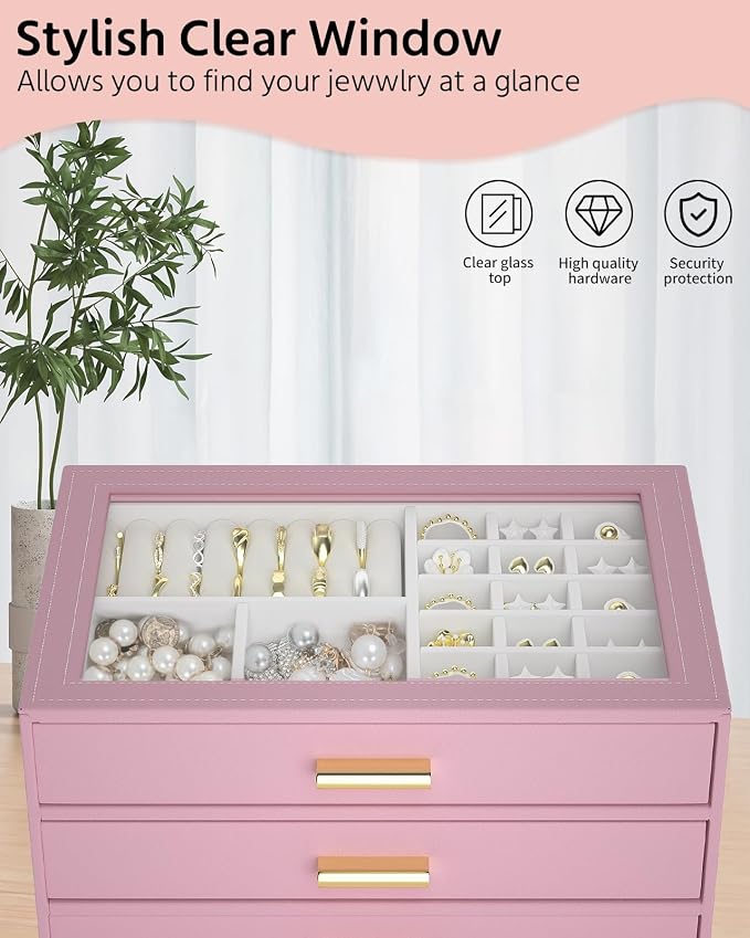 AKOZLIN Jewelry Box with Clear Lid Functional Leather Jewelry Storage Organizer Case 3 Drawers for Women Girls Necklace Ring Bracelet Earring