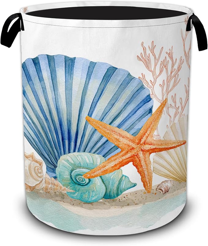 Starfish Laundry Basket,Coral Seashells Large Collapsible Portable Round Laundry Hamper with Handles,Oxford Storage Bin for Clothes,Blankets,Bedroom,Bathroom