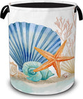 Starfish Laundry Basket,Coral Seashells Large Collapsible Portable Round Laundry Hamper with Handles,Oxford Storage Bin for Clothes,Blankets,Bedroom,Bathroom