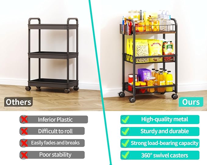HapiRm 3 Tier Rolling Cart - Metal Utility Cart with Locking Wheels | Rolling Storage Cart Organizer with 2 Hanging Cup, 4 Hooks, Mesh Basket, Space-saver for Kitchen, Craft Art, Office, Bathroom