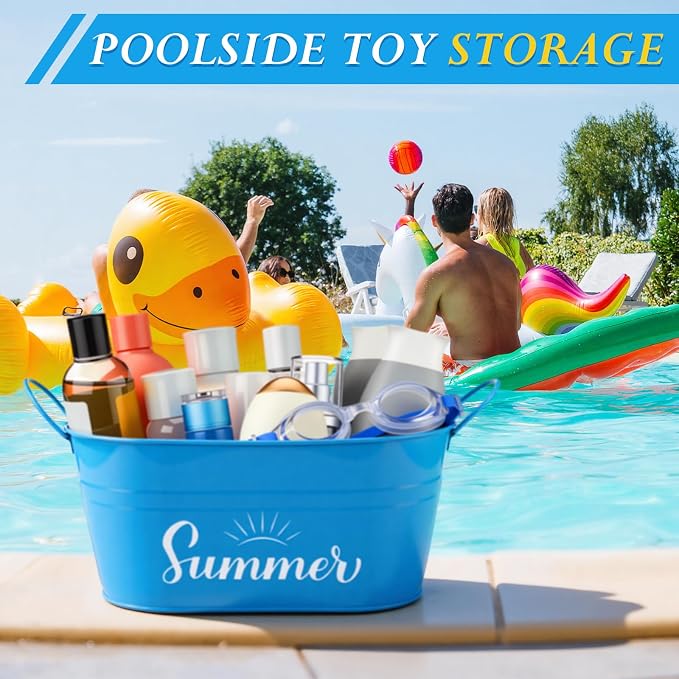 Blulu Summer Storage Bucket Metal Poolside Basket Above Ground Pool Bin Summer Basket Outdoor Storage for Sunscreen Goggles Flip Flop Spf Swimming Camping Beach Accessories Decor(Blue)