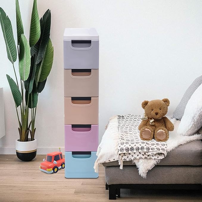 Plastic Stackable Storage Cart 5 Drawer Containers Storage Organizer Unit Mobile Stacking Bins [Multi Color A 7.9"x15.7"x33.1"]