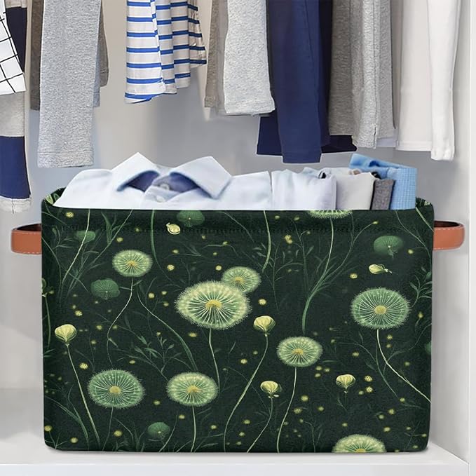 Rectangular Storage Baskets Dark Green Glow Dandelion Print Fabric Storage Bin Toy Organizer Box with PU Leather Handles for Room Decor