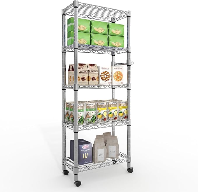 Garvee 5-Tier Storage Shelves Heavy Duty Metal Wire Rack Shelving, 1100 LBS Capacity Rolling Storage Rack with Wheels, for Living Room Pantry Kitchen Bedroom Organization