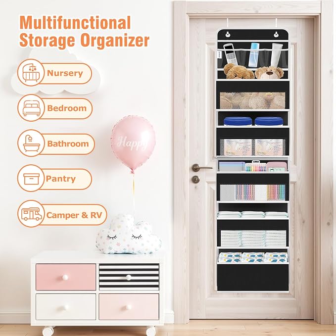 WISELIFE Over the Door Organizer - 6 Shelves Detachable Hanging Bedroom Storage Solution with 5 Large Pockets and 3 PVC Pockets for Dorm Bathroom, Pantry Nursery Baby Essentials (Black)