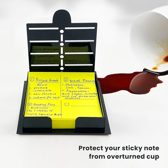 Daily Treasures Sticky Note Holder with 3 Reusable Stencils, Acrylic Post It Note Holder for 3x3 inch Sticky Notes, Multi-Template (Daily/Weekly/Goals/Meal/to Do List) Desk Organizer for Office Home