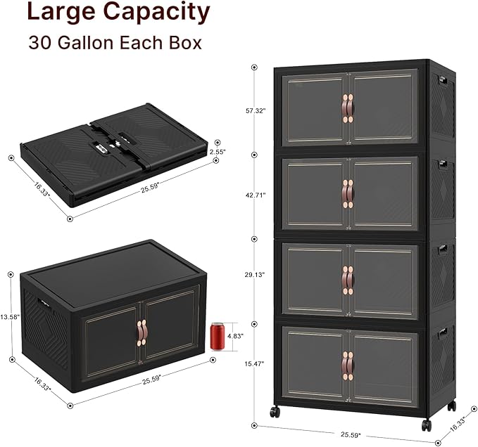 Stackable Storage Bins with Lids, Collapsible Storage Boxes, Foldable Plastic Storage Drawers for Bedroom,Office, Dorm (4, Black, L)