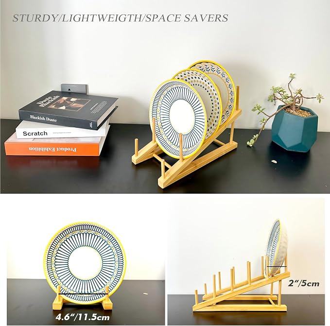 Plate Stands For Display, Wooden Plate Rack Dish Stand Holder | 5-Tier Display Stand for Book, Art Print, Puzzle, Cutting Board, Pot Lid Rack and Kitchen Cabinet Organizer (1 Pack)
