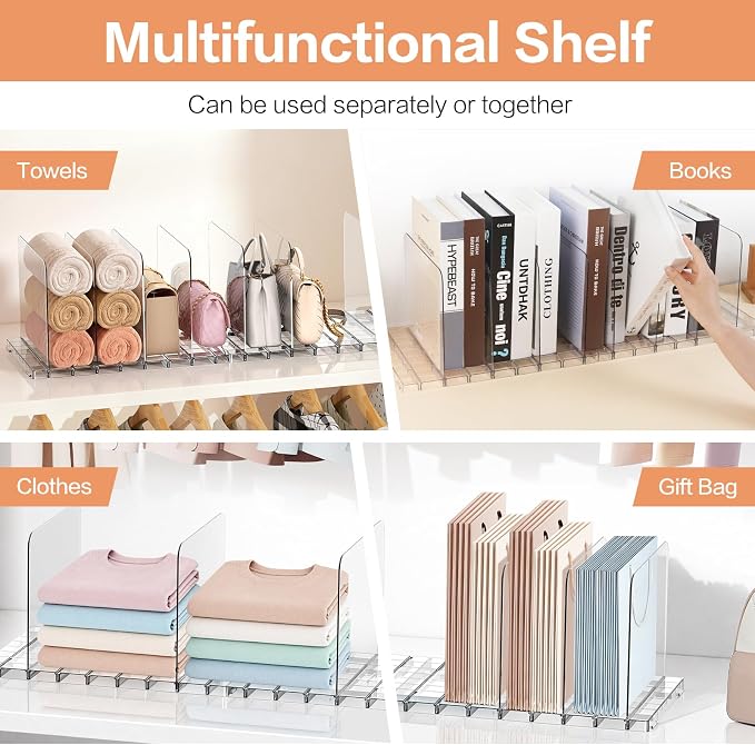 Stackable Purse Organizer for Closet Shelf, Acrylic 4 Set | Adjustable Dividers, Modular purse storage System, for Handbag Wallet Paper Bag, for Woman, Keep Upright Storage