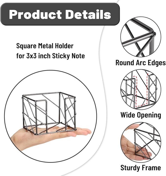 BTSKY Metal Sticky Note Holder, 3x3 Inch Post It Note Dispenser, Modern Memo Cube Holder Desk Organizer for Office & Home, Iron Sturdy Desktop Sticky Note Storage, Black