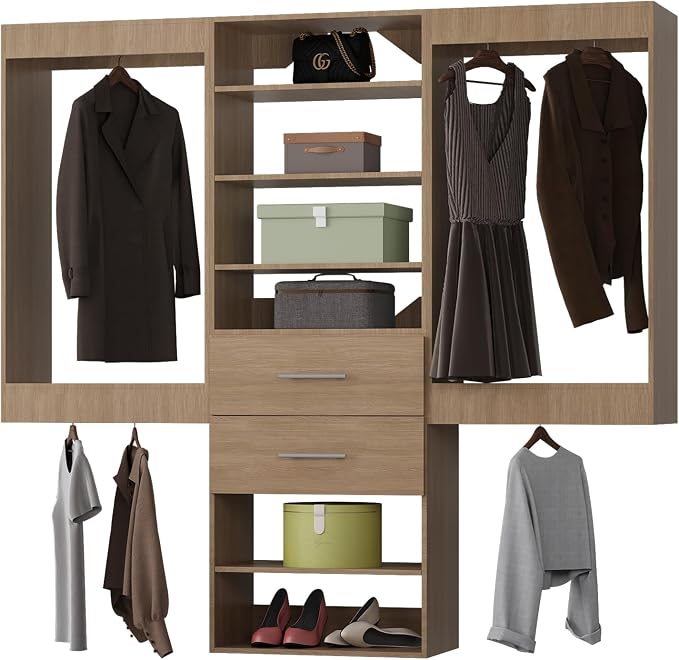 ROOMTEC Modular Closet System, 72" Wall Mounted Closet Organizer with Hanging Rods and Drawers, Wooden Tower for Walk-In Closets, Wardrobe Storage Kit, Wood