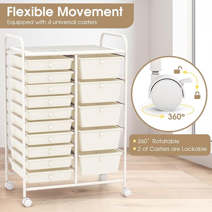 Moccha 15-Drawer Rolling Storage Cart - Under Desk Storage Drawers with wheels for Craft Art Supply Paper Salon, Scrapbook Paper Tools, Mobile Utility Cart for Classroom (15 Drawers, White)