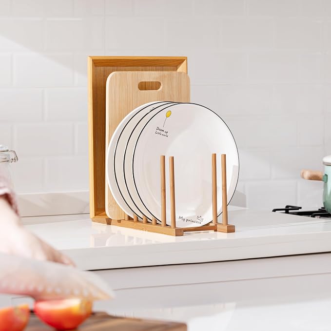 HBlife 2 Packs Heighten and Widen Bamboo Dish Drying Rack Plate Organizer | Plate Bowl Cup Book Pot Lid Cutting Board Stand, Drainer Storage Holder Organizer, For Kitchen Cabinet, 8 Slots