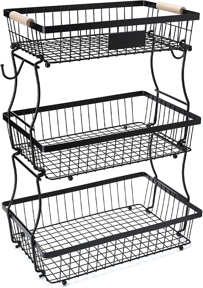 3 Tier Fruit Basket with 2 Banana Hangers, Mesh Basket Fruits Stand Produce Holder Organizer for Onion Potato Bread Snack Veggie Black