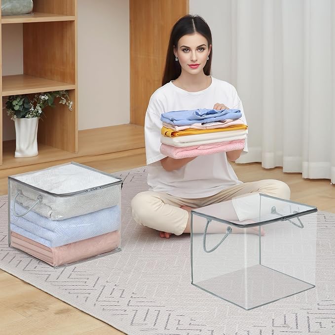 10 PCS Clear Zippered Storage Bags with Handles,Sweater Storage with Two-way Zipper,Foldable Closet Organizer Bed Sheet Organizer,Cube Plastic Organizer,Bag,Bin,for Clothes,Towel-GY