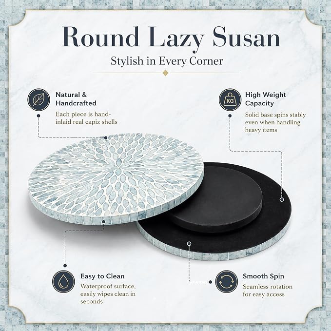 Reallnaive Mother of Pearl Lazy Susan for Table Turntable Organizer Marble Patterned Lazy Susan Wood Spinning Tray Rotating for Kitchen Cabinet Spice Pantry 12 Inch(Round,Blue Floral Petal)