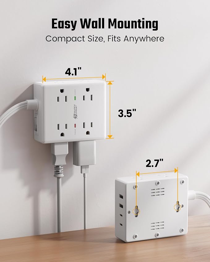 SUPERDANNY Extension Cord,Flat Plug Surge Protector Power Strip,10Ft | 8 AC & 4 USB Ports (2 USB C),Surge Protector with 1050J,Desk Charging Station for Home Office,College Dorm Room Essentials