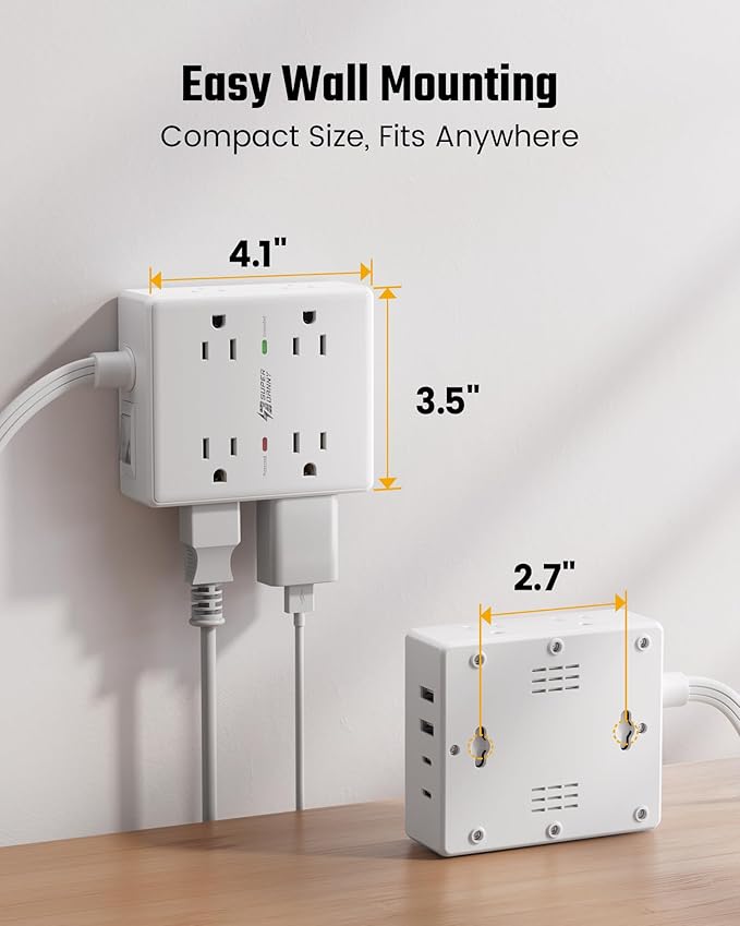 SUPERDANNY Extension Cord,Flat Plug Surge Protector Power Strip,20Ft | 8 AC & 4 USB Ports (2 USB C),Surge Protector with 1050J,Desk Charging Station for Home Office,College Dorm Room Essentials