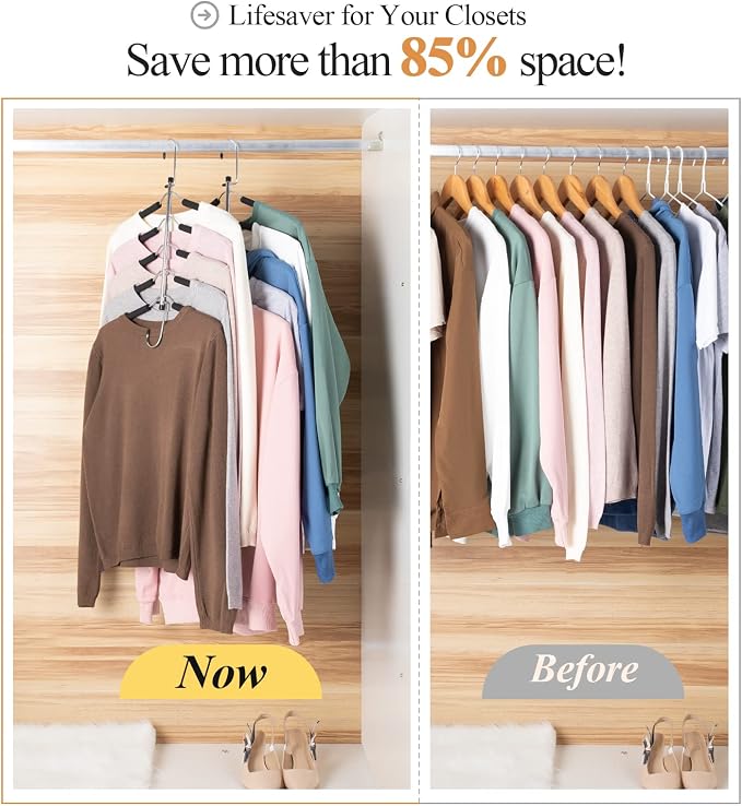 Space Saving Clothes Hangers – 5-in-1 Shirt & Coat Hangers with Non-Slip Foam, Stainless Steel Tiered Closet Organizer for Sweatshirts, Hoodies, Sweaters, T-Shirts – 2 Pack by ZNBEN
