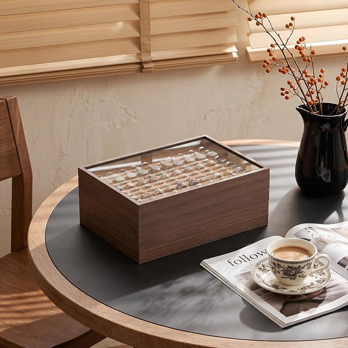 Wood Jewelry Organizer Tray, Rings Holder (Brown, 2Pc, Glass Lid) | Glass Top Rings Display, Dust-Proof Rings Organizer, Rings Tray Display, Elegant Jewelry Storage