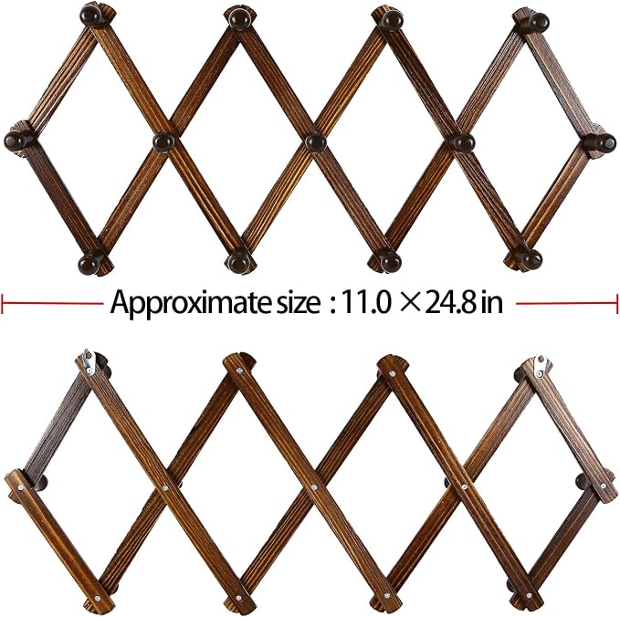 AMAPON Accordion Style Expandable Wall Wooden Coat Rack 13 Hooks (Pegs) Hang Hats Jackets Coffee Mug Purses Necklaces Towels Cap Leash Scarves Data Line Kitchenware (Walnut 2 Packs)