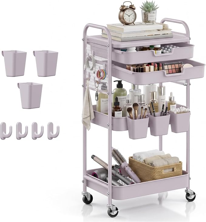 3 Tier Rolling Cart with 2 Drawers, Metal Utility Storage Carts with Wheels | Kitchen Rolling Cart 4.5" Deep Basket, Mesh Side Panel with 3 Cups, 4 Hooks for Office, Bedside, Craft Storage Cart